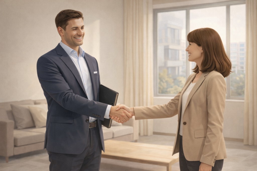 Consulente immobiliare a Saronno stringe la mano a una coppia di proprietari dopo una consulenza di successo