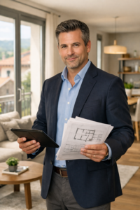 Agente immobiliare professionale valuta un appartamento residenziale a Saronno con tablet e documenti